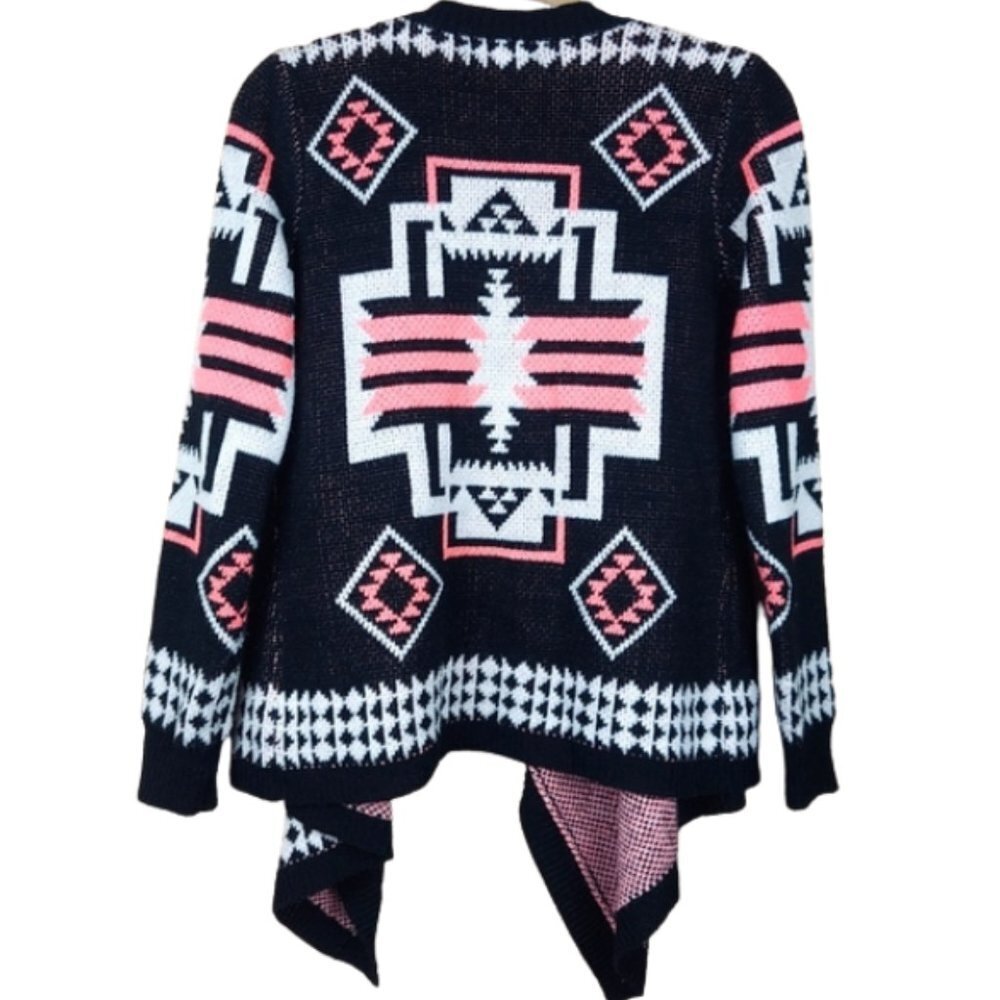 Pink Rose Aztec Black Asymmetrical Open Front Cardigan Women's Size S - Picture 2 of 5